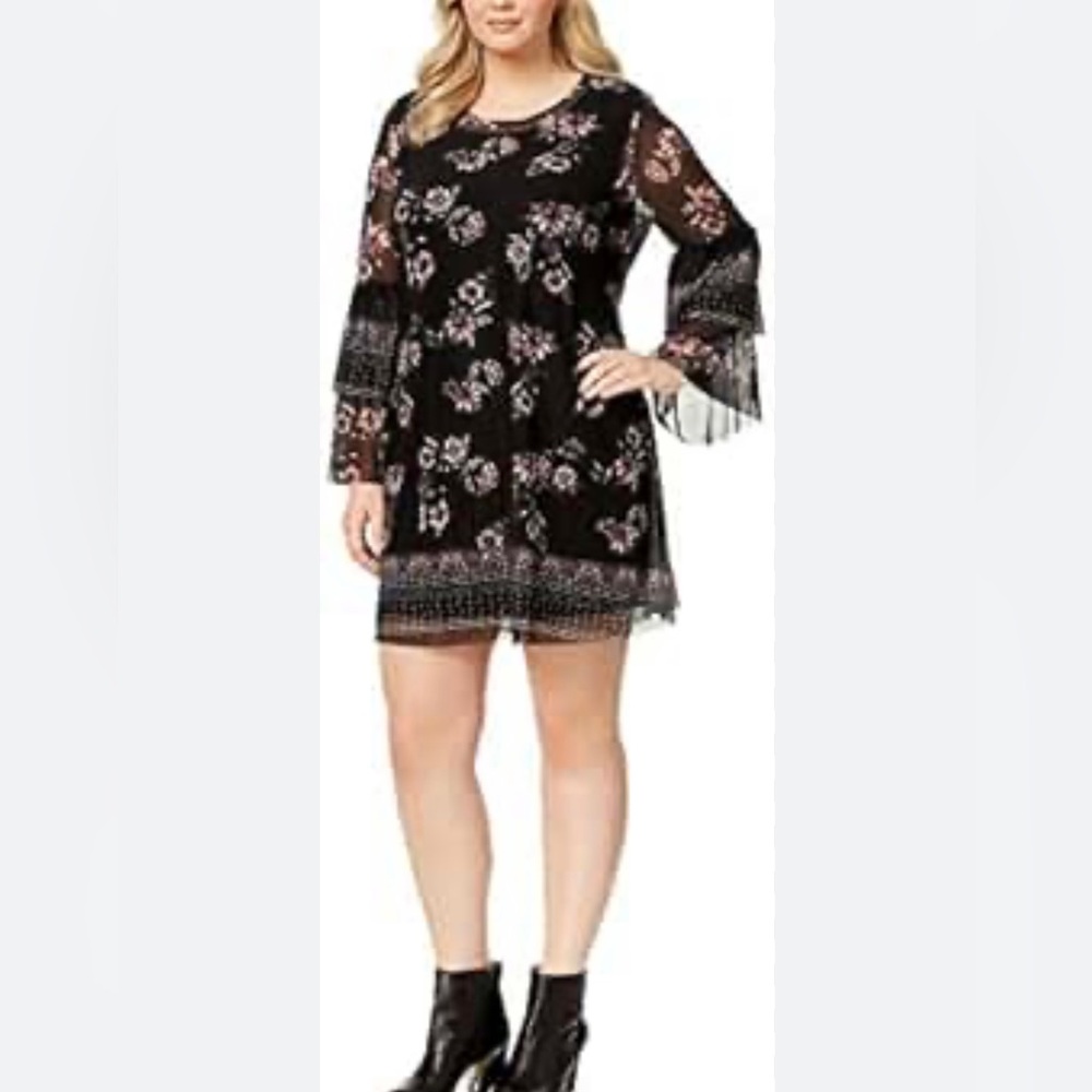 Style & Co Mini Dress XL Black Floral Whimsygoth Bell Sleeve Printed Fairygrunge
